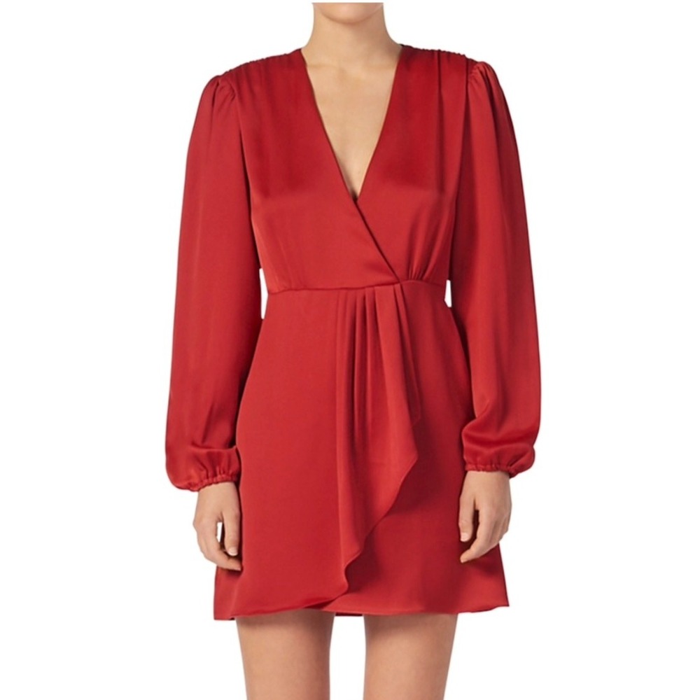 Sandro Dress Womens 1 Red Satin‎ V-Neck Long Sleeve Draped Ruffle Mini Dress